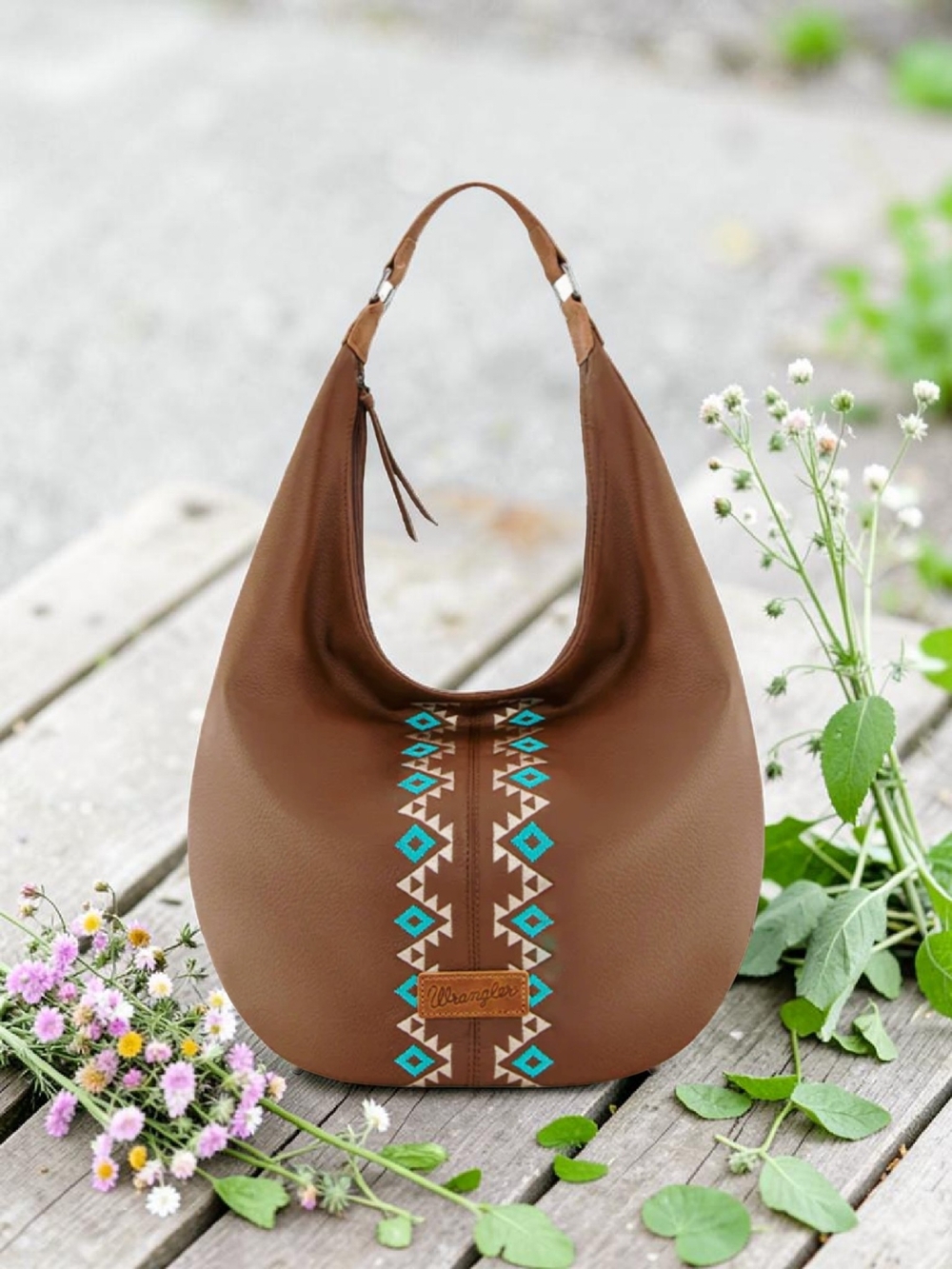 NEW Wrangler Brown Hobo Embroidery Wide Bag Turquoise Aztec Trim 18"X3.5"X14.5"